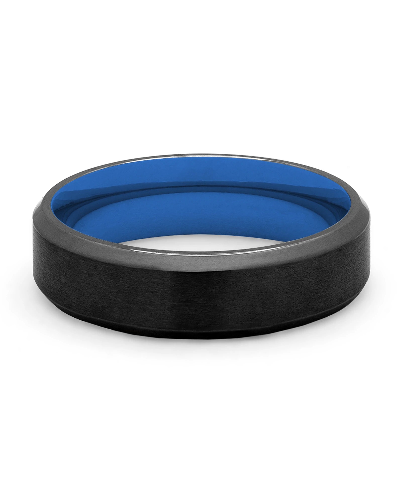 Front view of black and blue Oblique titanium wedding band