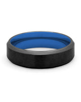Front view of black and blue Oblique titanium wedding band