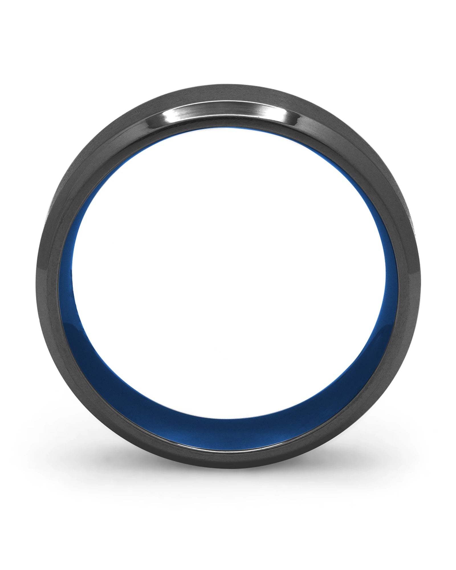 Side view of black and blue Oblique titanium wedding ring