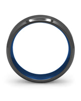 Side view of black and blue Oblique titanium wedding ring