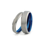 silver blue titanium couples wedding ring set beveled brushed bands
