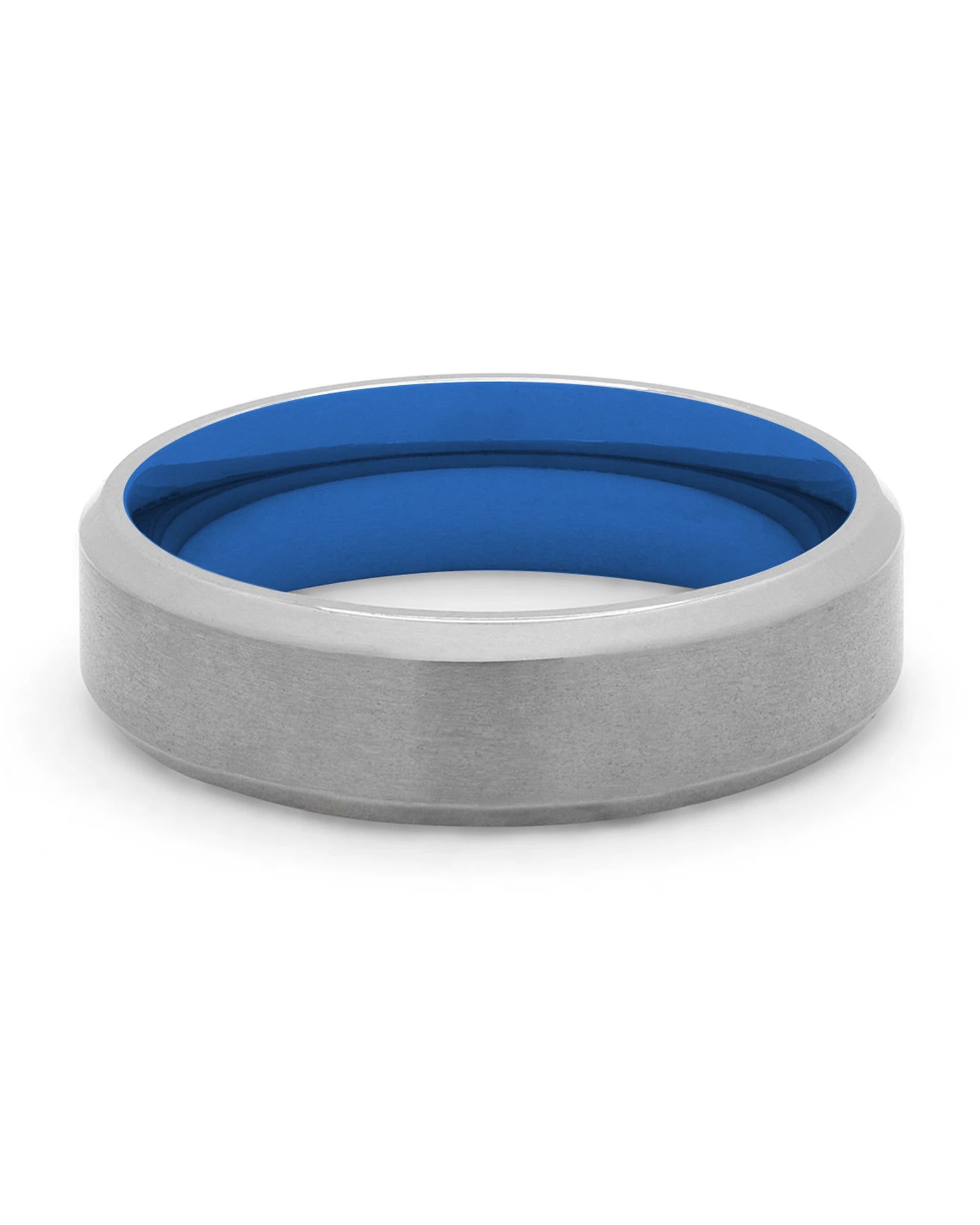 Front view of silver and blue Oblique titanium wedding band