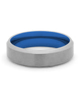Front view of silver and blue Oblique titanium wedding band
