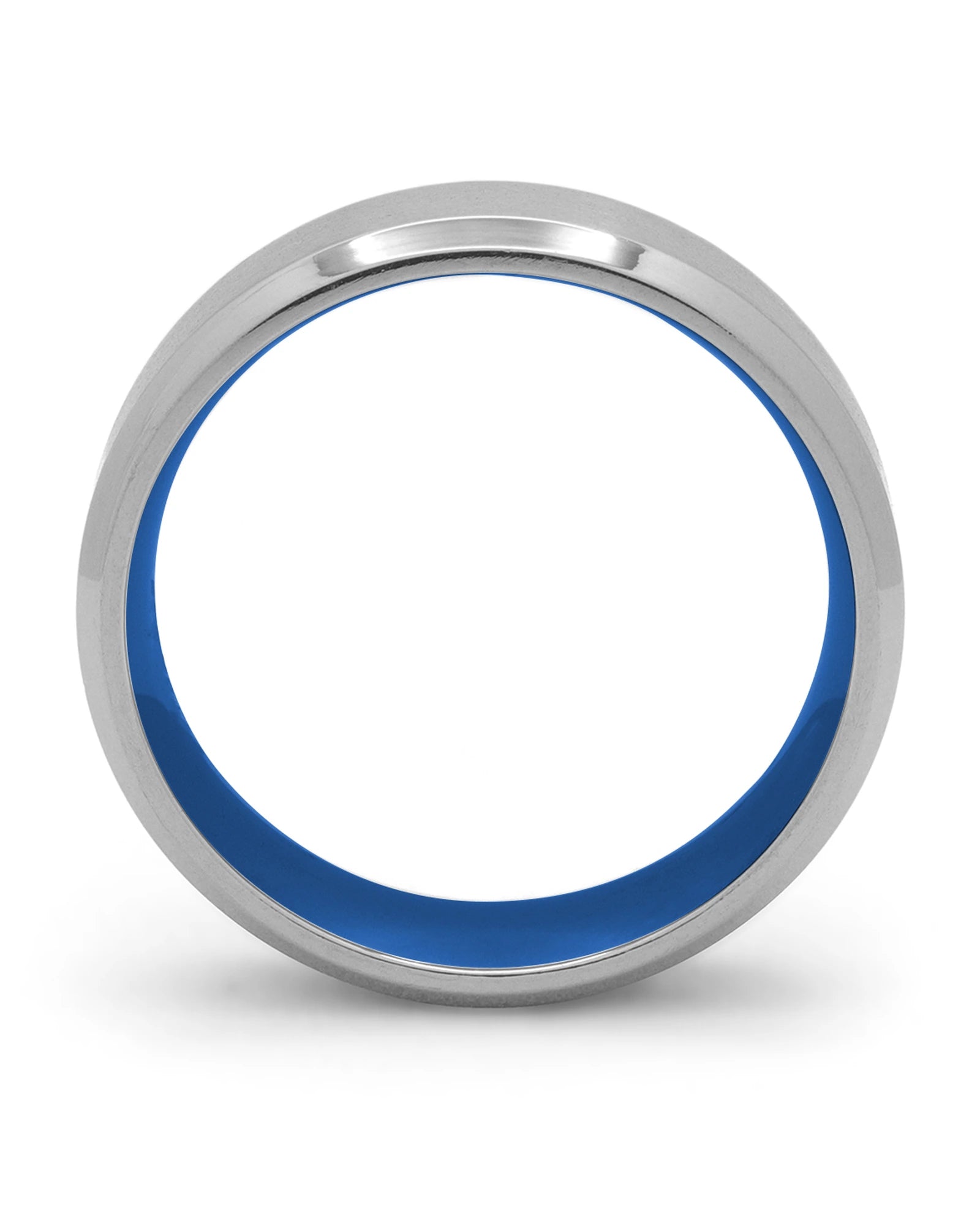 Side view of silver and blue Oblique titanium wedding ring