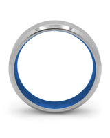 Side view of silver and blue Oblique titanium wedding ring