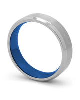 Silver and blue Oblique titanium wedding ring shown at an angle