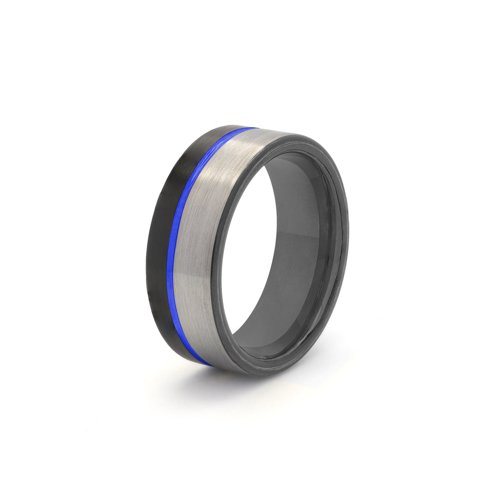 black and blue tungsten wedding ring offset groove