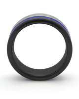Side view of black, blue and silver Offset wedding ring