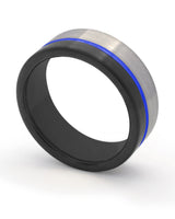 Black, blue and silver Offset ring shown at an angle