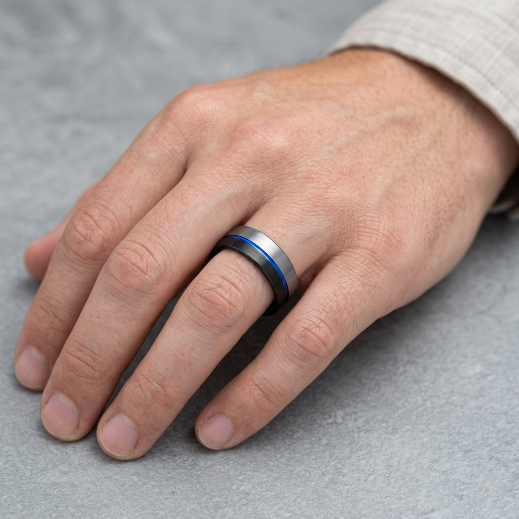 black and blue tungsten wedding ring on hand