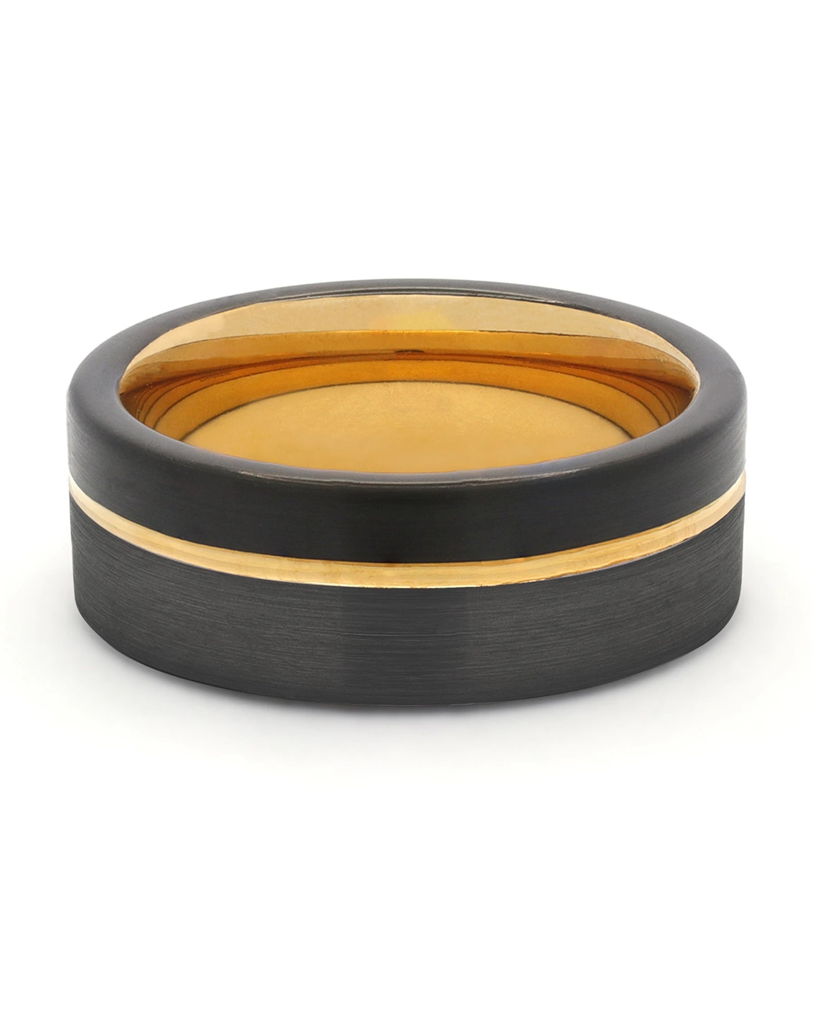 Front view of black and gold Offset wedding band