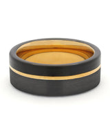 Front view of black and gold Offset wedding band
