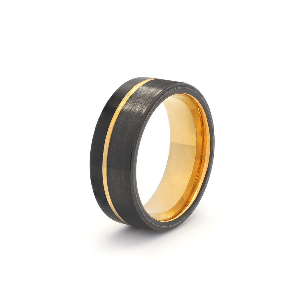 black and gold tungsten wedding ring offset groove