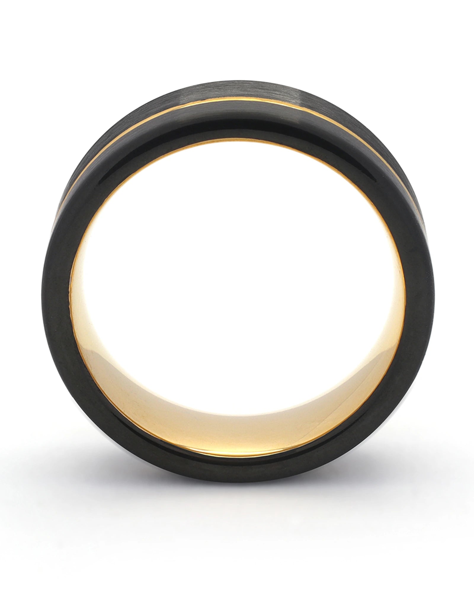 Side view of black and gold Offset wedding ring