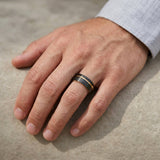black and gold tungsten wedding ring on hand