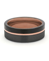 Front view of black and rose gold Offset wedding band