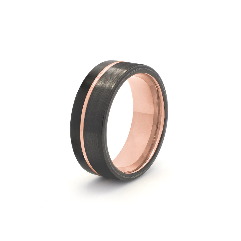 black and rose gold tungsten wedding ring offset