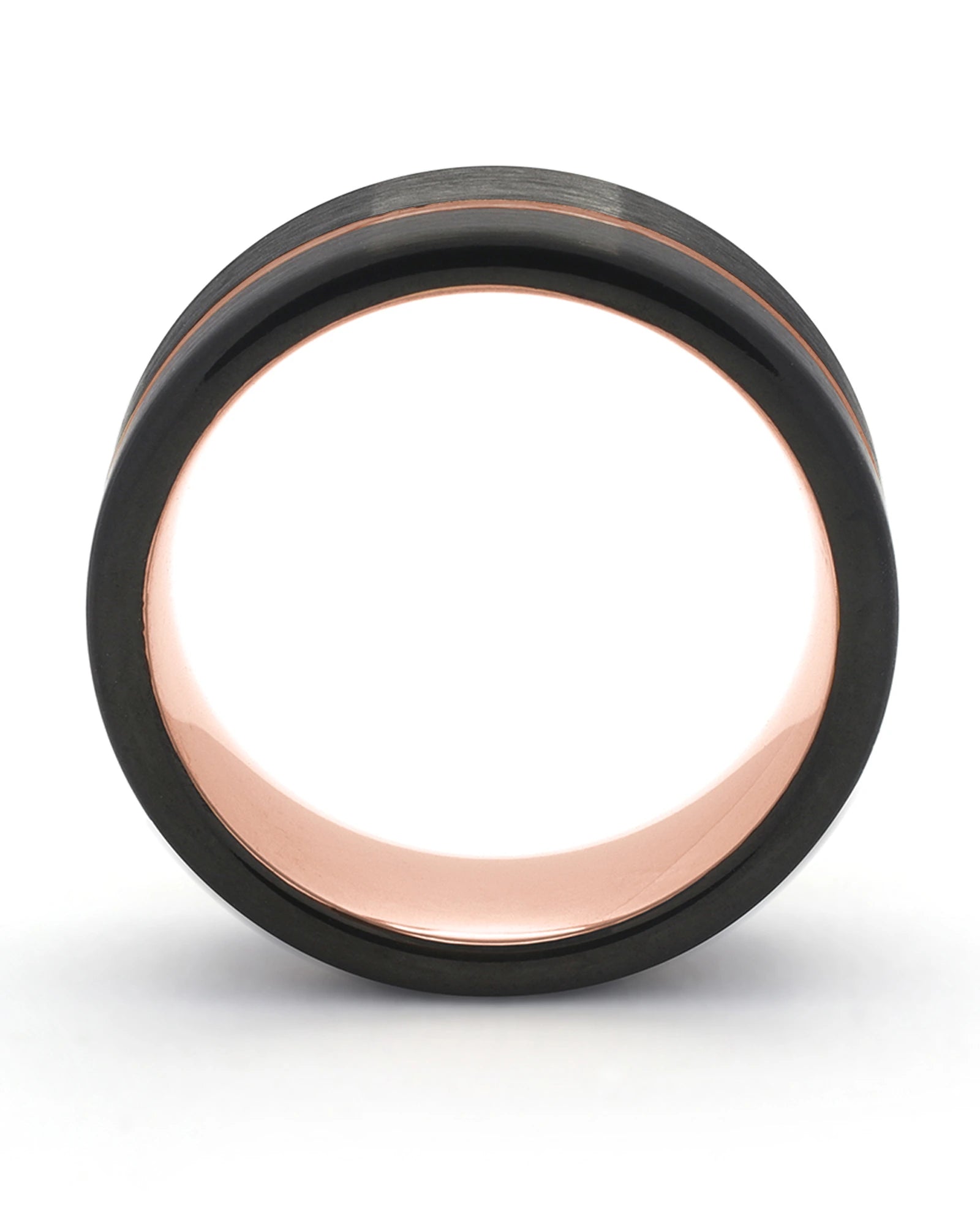 Side view of black and rose gold Offset wedding ring