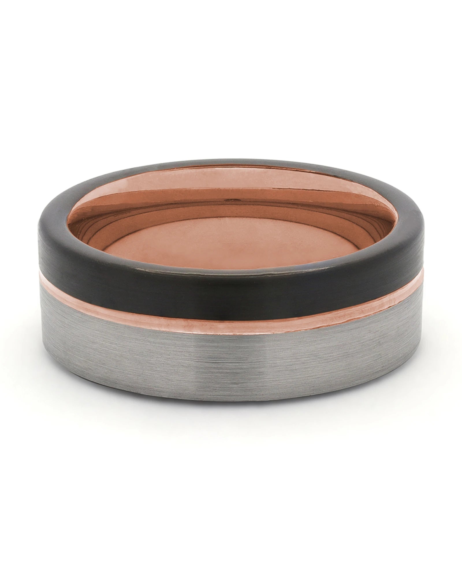Front view of silver, black and rose gold Offset wedding band
