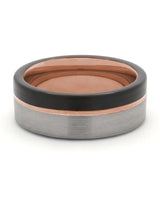 Front view of silver, black and rose gold Offset wedding band