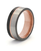 Silver, black and rose gold Offset wedding ring for men