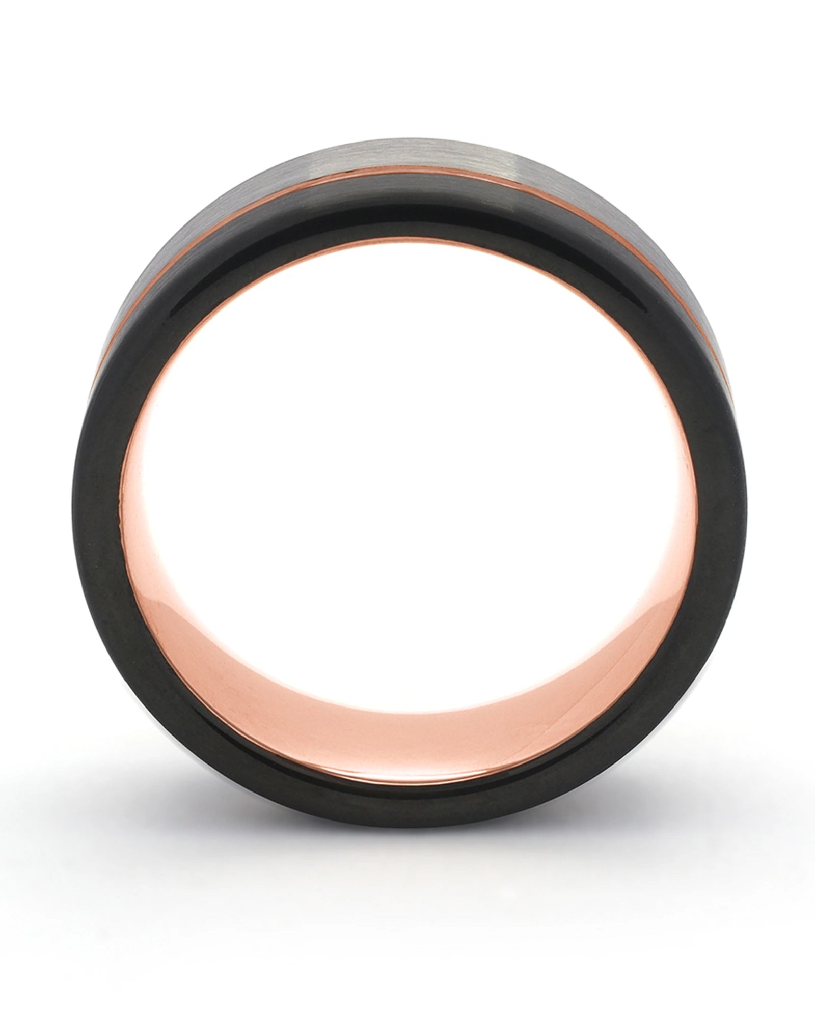 Side view of silver, black and rose gold Offset wedding ring