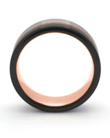Side view of silver, black and rose gold Offset wedding ring