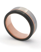 Silver, black and rose gold Offset ring shown at an angle