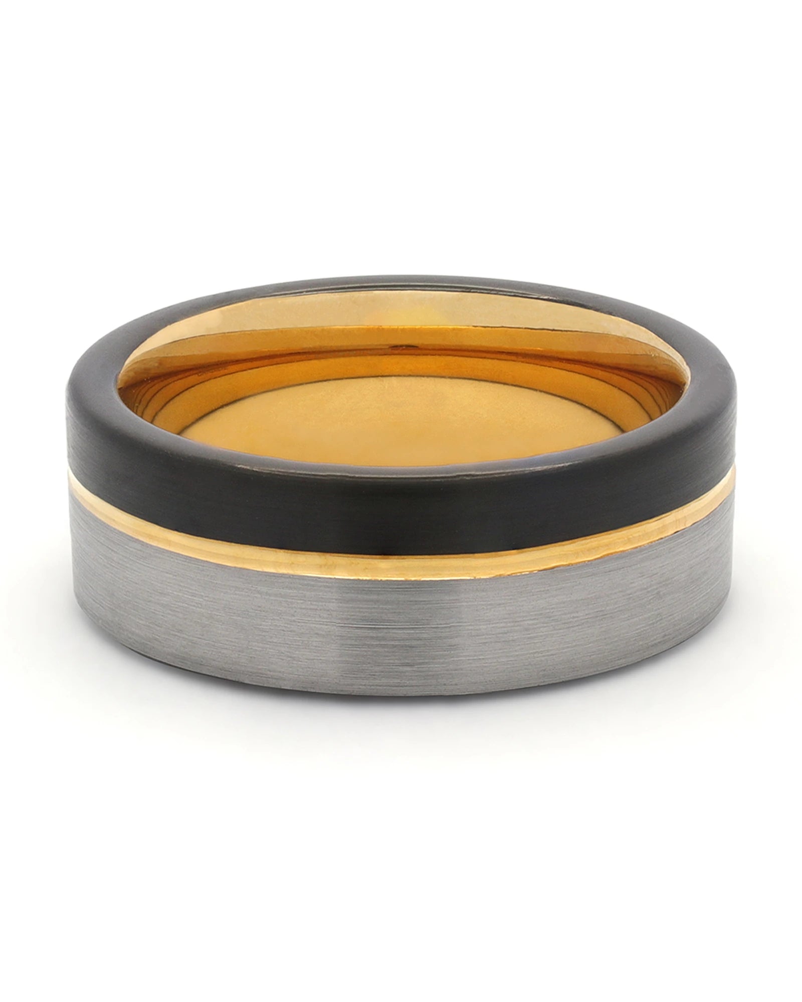 Front view of silver, black and gold Offset wedding band