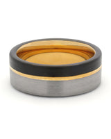 Front view of silver, black and gold Offset wedding band