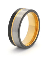 Silver, black and gold Offset wedding ring for men