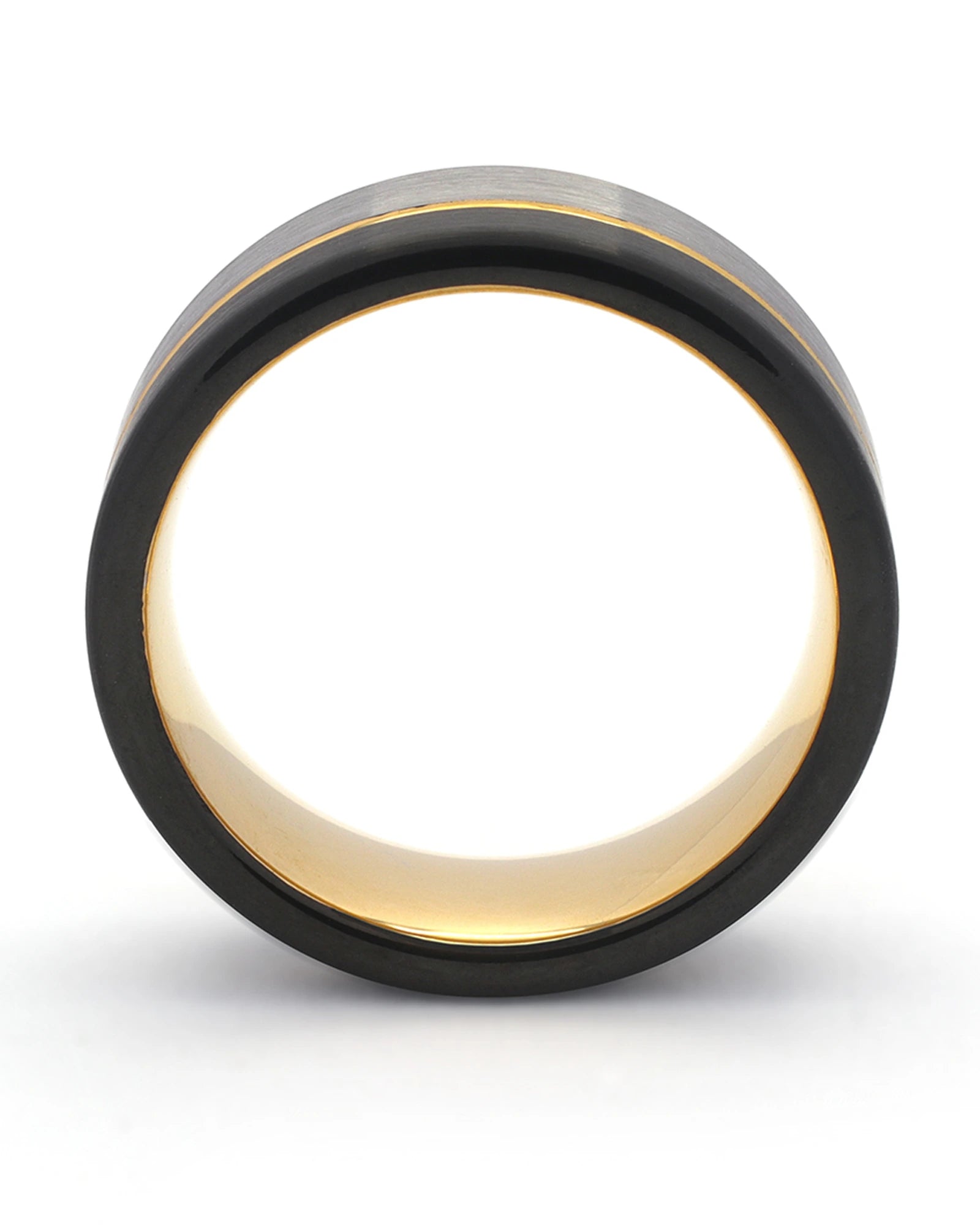 Side view of silver, black and gold Offset wedding ring