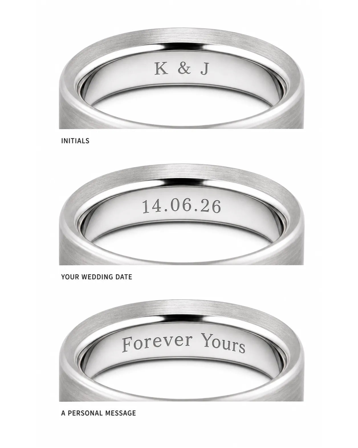 Wedding ring engraving ideas including initials, a wedding date and a personal message
