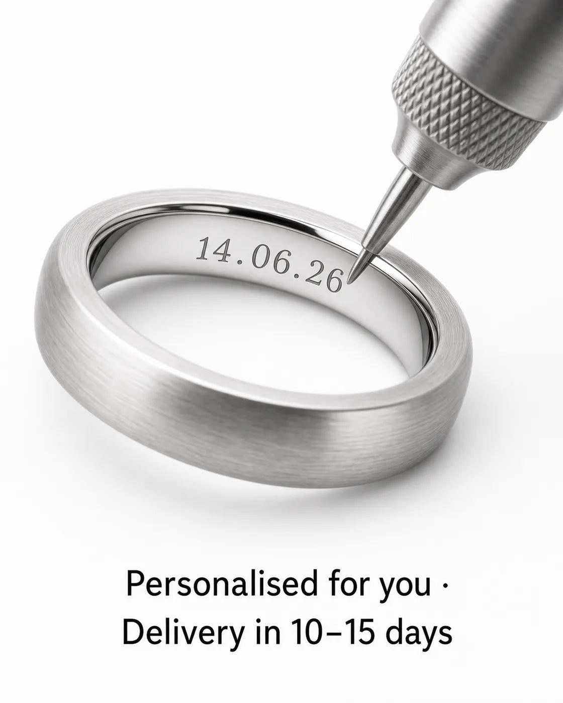 Wedding ring being personalised with engraving and a 10–15 day delivery estimate