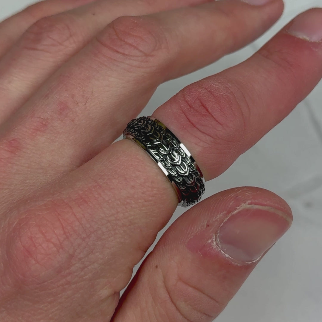 mens silver dragon scale fidget spinner ring