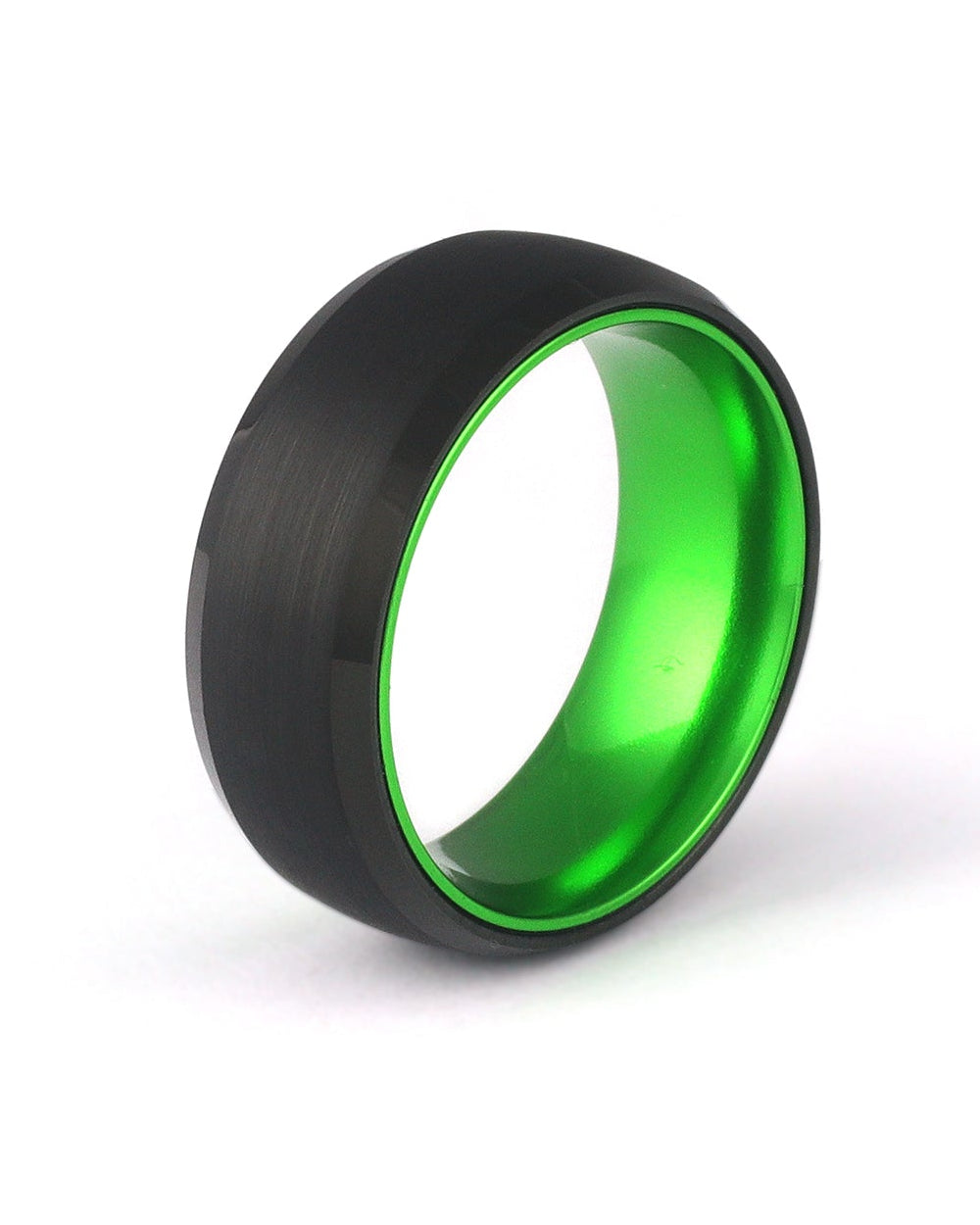 Men’s Green Ring – Brushed Black Tungsten Wedding Band with Green Interior