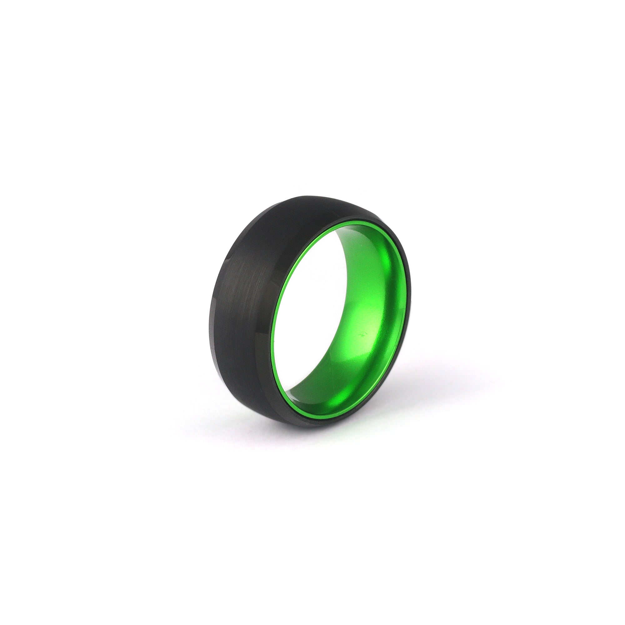 Men’s Green Ring – Brushed Black Tungsten Wedding Band with Green Interior