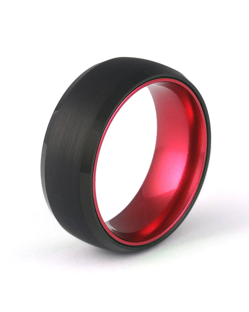 Men’s Red Ring – Brushed Black Tungsten Wedding Band with Red Interior