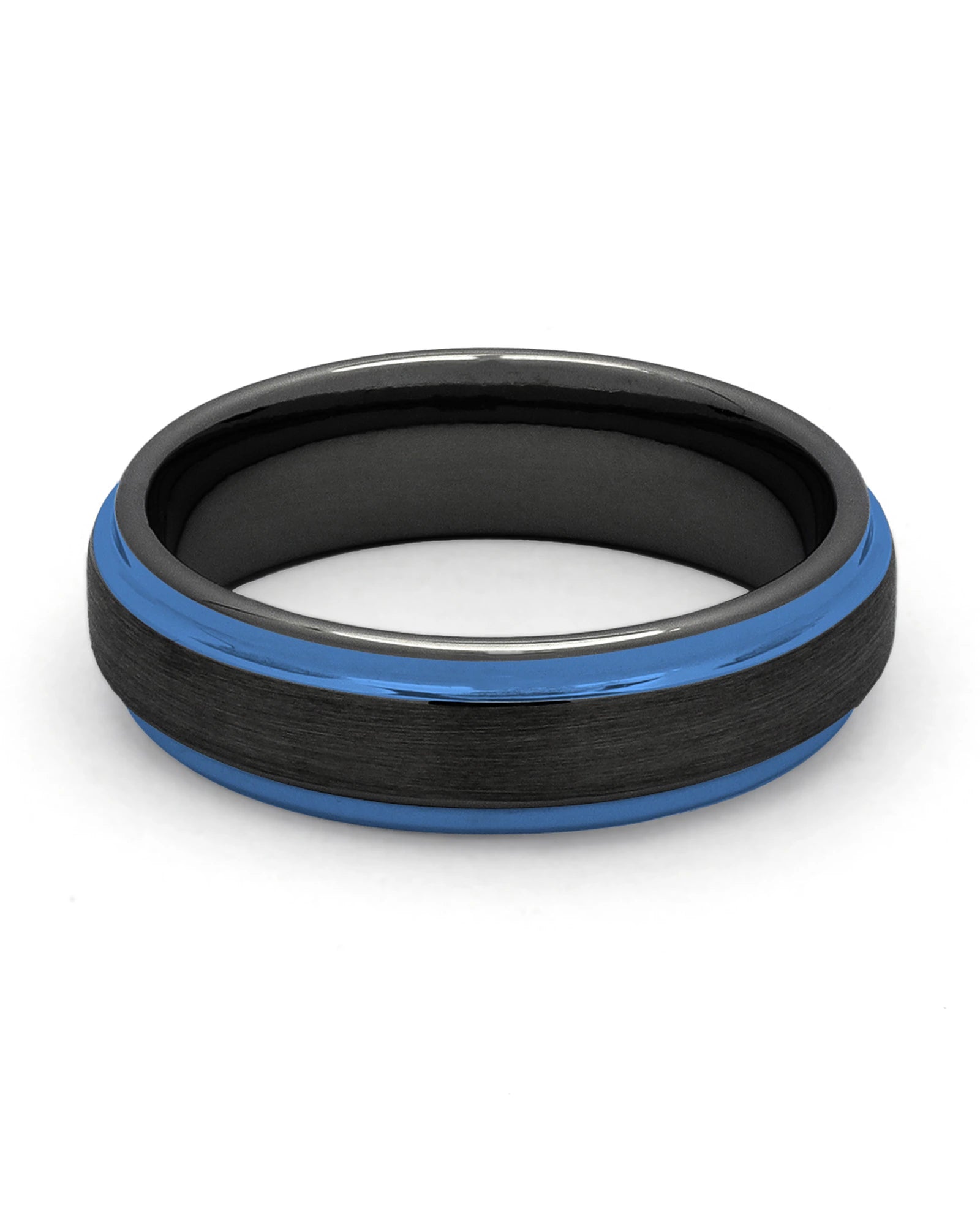 Front view of black and blue 6mm Ridge tungsten wedding band