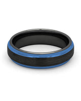 Front view of black and blue 6mm Ridge tungsten wedding band