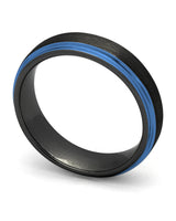 Black and blue 6mm Ridge tungsten wedding ring shown at an angle