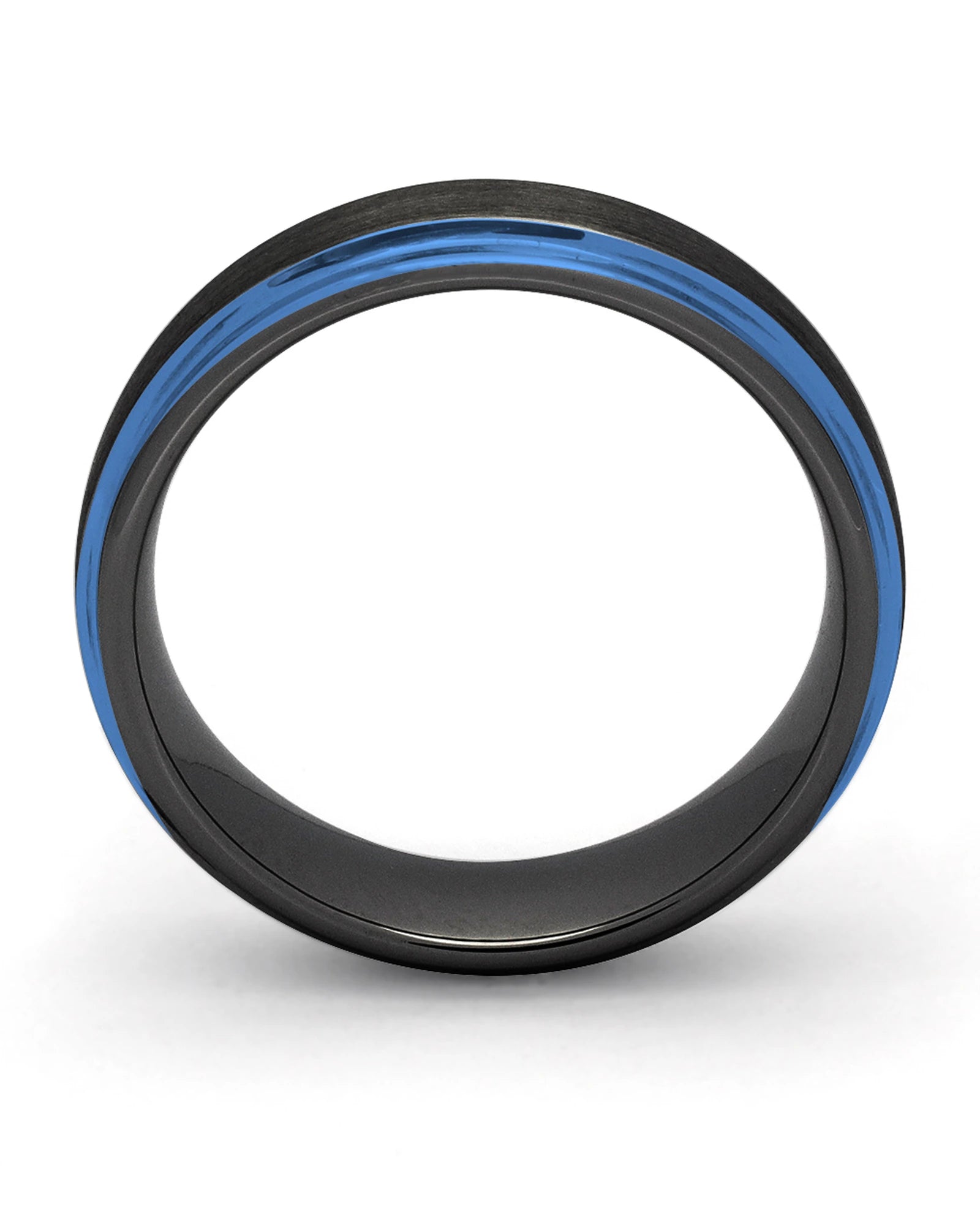 Side view of black and blue 6mm Ridge tungsten wedding ring