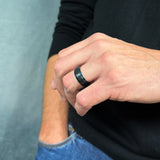 mens black brushed tungsten ring with polished blue beveled edges
