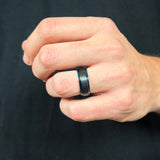 mens black brushed tungsten ring with polished blue beveled edges