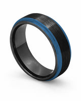 Black and blue 8mm Ridge tungsten wedding ring shown at an angle