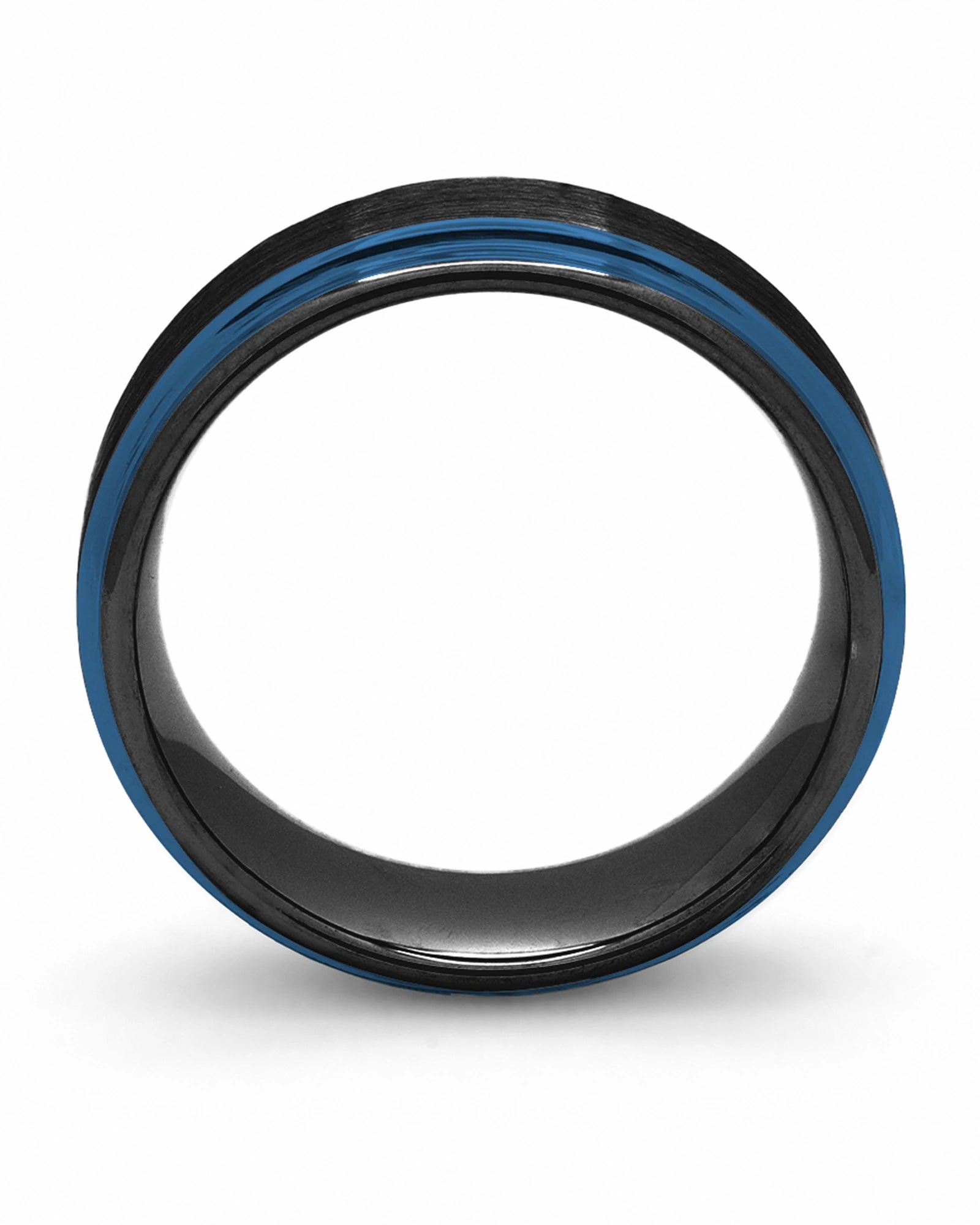 Side view of black and blue 8mm Ridge tungsten wedding ring