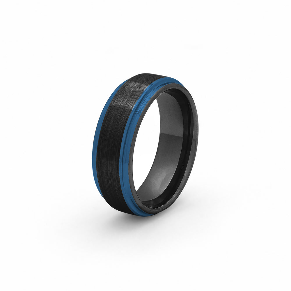 Black and blue tungsten men’s wedding band
