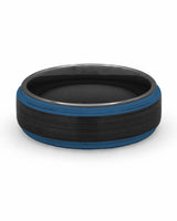 Front view of black and blue 8mm Ridge tungsten wedding band