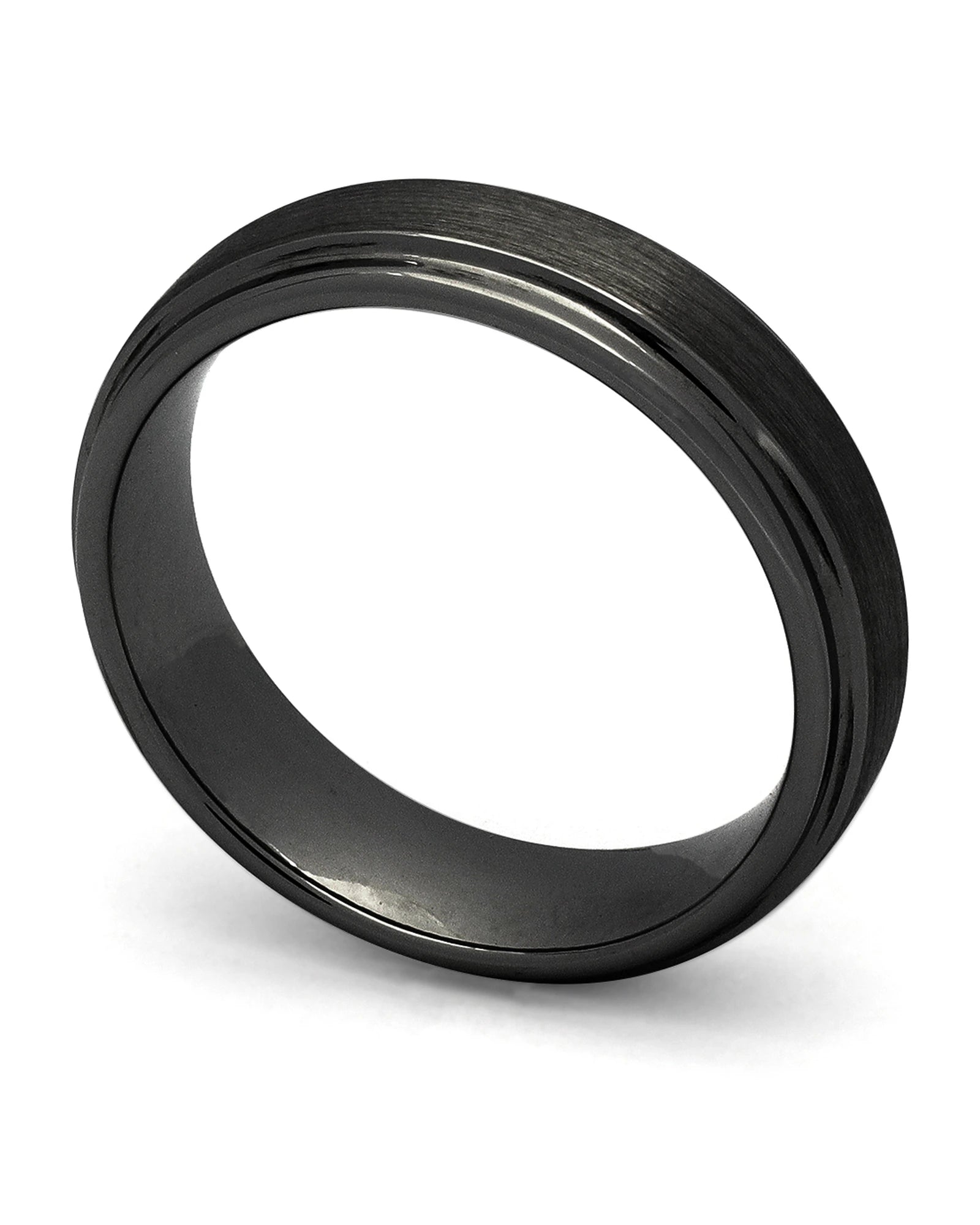 Black brushed 6mm Ridge tungsten wedding ring shown at an angle