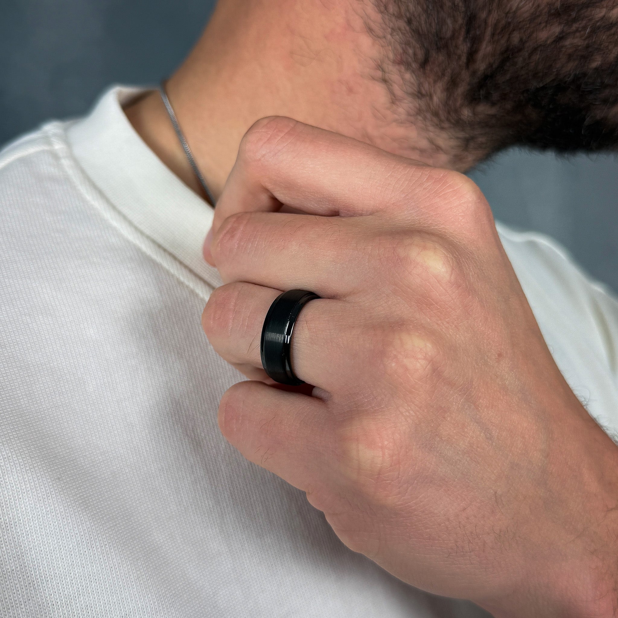 mens black brushed tungsten ring with polished stepped edges
